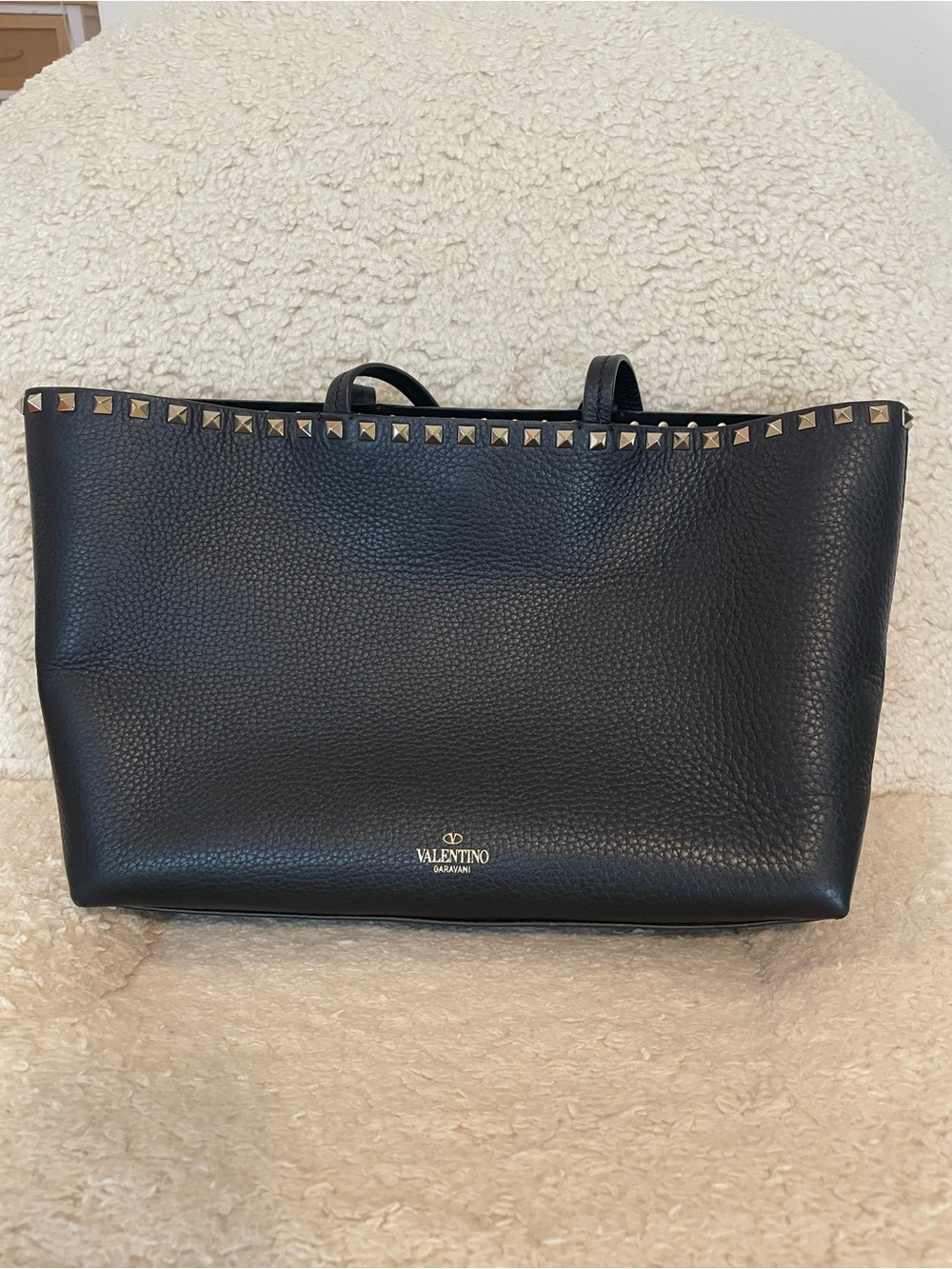Valentino Garavani Black Leather Rockstud Small Tote with Gold Hardware